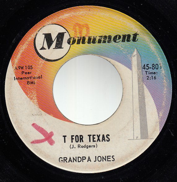 Grandpa Jones : T For Texas (7", Single)