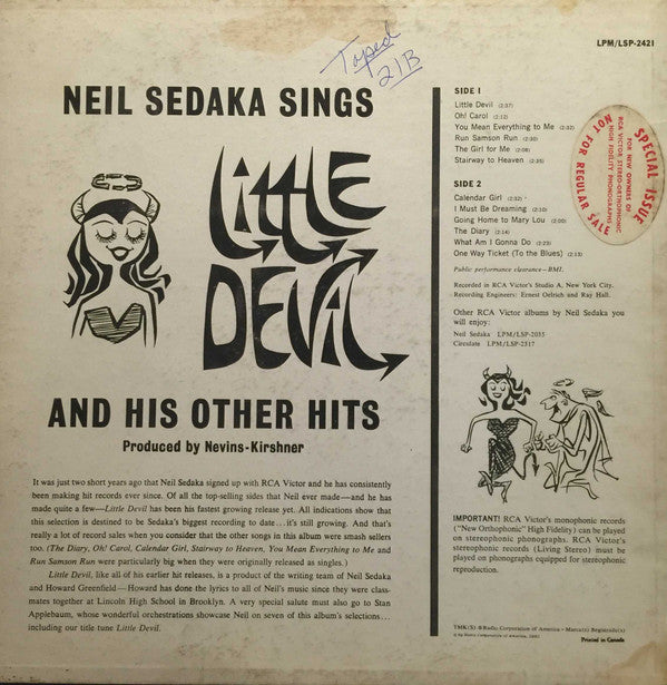 Neil Sedaka : Sings Little Devil And His Other Hits (LP, Comp)