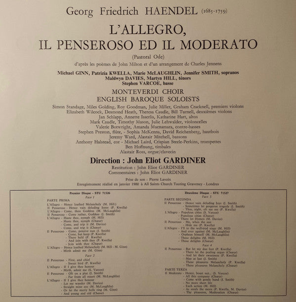 Georg Friedrich Händel, The Monteverdi Choir & The English Baroque Soloists, John Eliot Gardiner : L'Allegro, Il Penseroso Ed Il Moderato (Box + 2xLP)