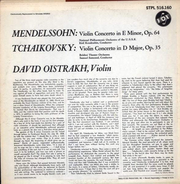Tchaikowsky* / Mendelssohn* - David Oistrakh*, Bolshoi Theatre Orchestra, Samuel Samosud, National Philharmonic Orchestra of the U.S.S.R.*, Kiril Kondrashin : Violin Concerto In D Major - Violin Concerto In E Minor (LP, Comp)