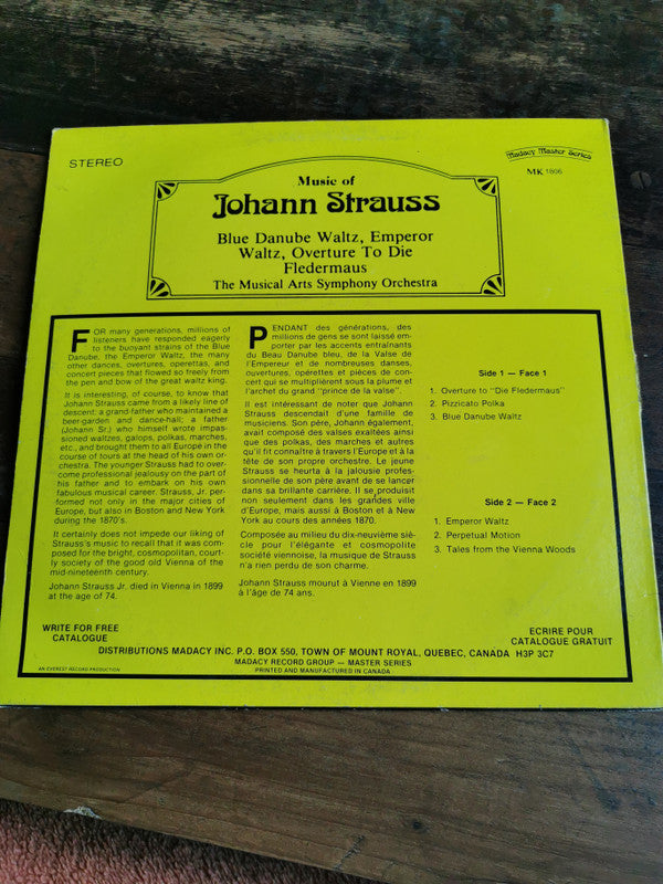 Johann Strauss Jr. : Music Of Johann Strauss: Blue Danube Waltz, Emperor Waltz, Overture To Die Fledermaus (LP)