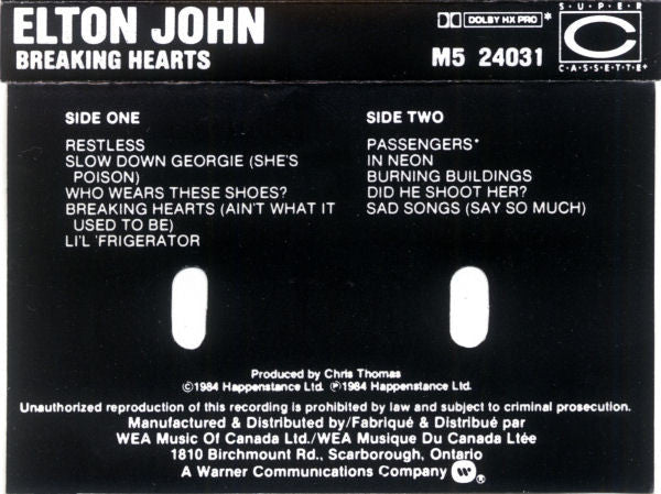 Elton John : Breaking Hearts (Cass, Album, Dol)