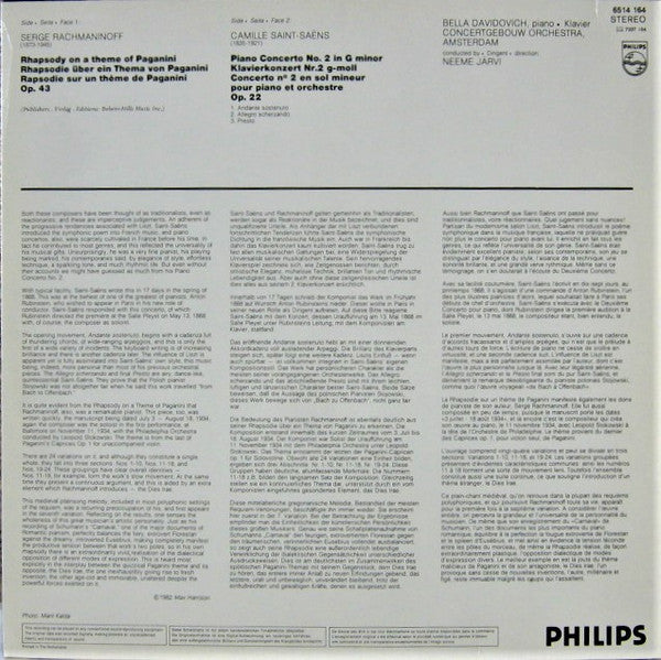 Camille Saint-Saëns / Sergei Vasilyevich Rachmaninoff - Bella Davidovich, Concertgebouworkest, Neeme Järvi : Piano Concerto No. 2 / Rhapsody On A Theme Of Paganini (LP)