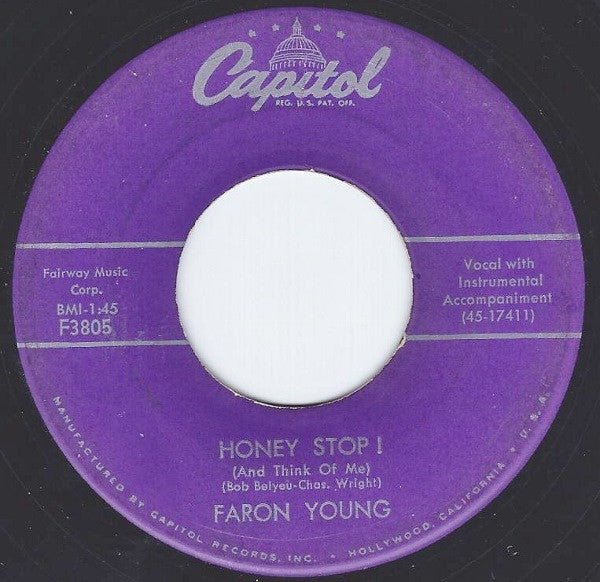 Faron Young : Honey Stop!  (And Think Of Me) (7", Single)