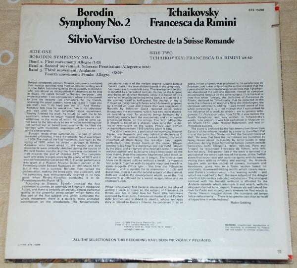 Alexander Borodin, Pyotr Ilyich Tchaikovsky, Silvio Varviso, L'Orchestre De La Suisse Romande : Symphony No. 2 / Francesca Da Rimini (LP, RE, RP)