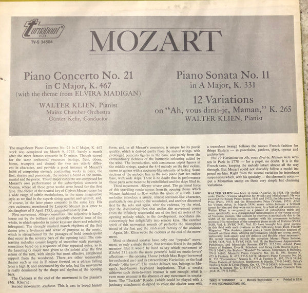 Mozart*, Walter Klien, Mainzer Kammerorchester, Günter Kehr : Piano Concerto No. 21 In C Major, K. 467 (LP)