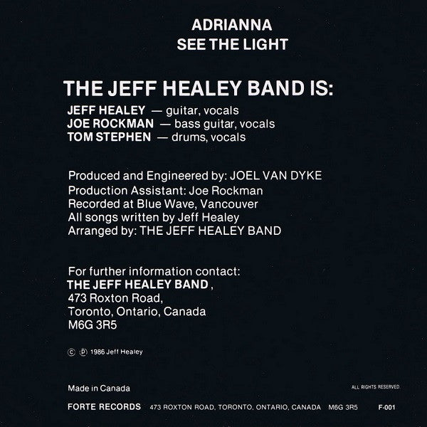 The Jeff Healey Band : Adrianna / See The Light (7", Single, Gat)