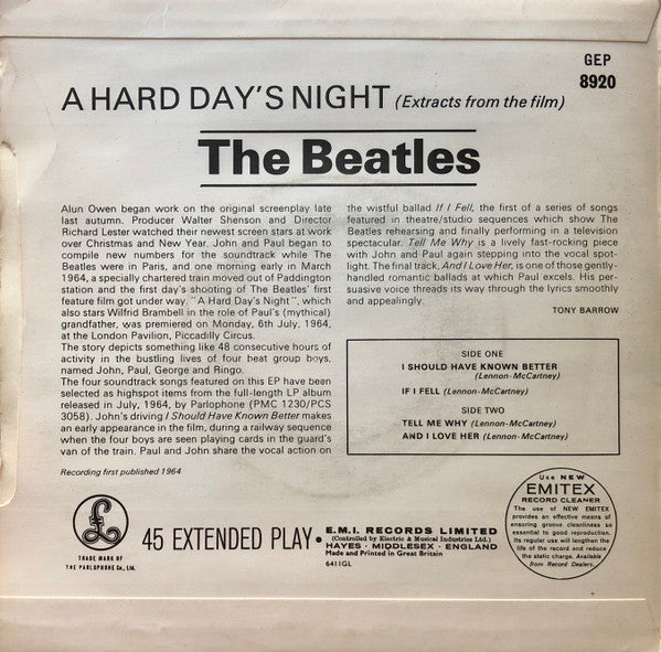 The Beatles : Extracts From The Film A Hard Day's Night (7", EP, Mono, RP)