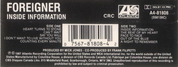 Foreigner : Inside Information (Cass, Album, Club)