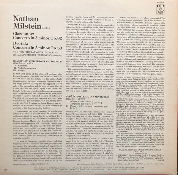 Alexander Glazunov / Antonín Dvořák - Nathan Milstein - Rafael Frühbeck De Burgos, New Philharmonia Orchestra : Concerto in A Minor, Opus 82 / Concerto in A Minor, Opus 53 (LP, RE, RM)