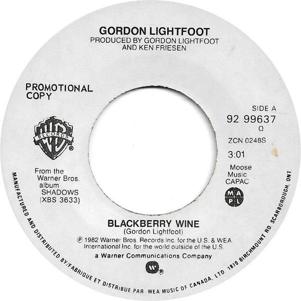 Gordon Lightfoot : Blackberry Wine (7", Single, Promo)