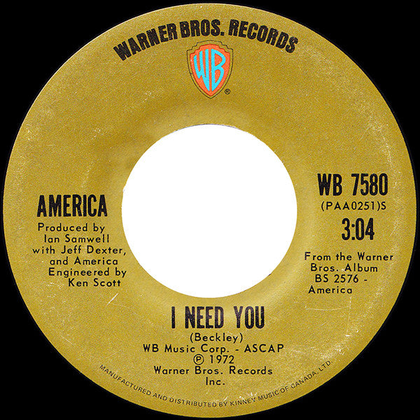 America (2) : I Need You / Riverside (7", Single)