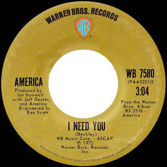 America (2) : I Need You / Riverside (7", Single)