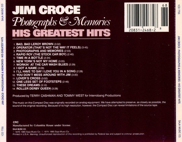 Jim Croce : Photographs & Memories • His Greatest Hits (CD, Comp, Club, RE)