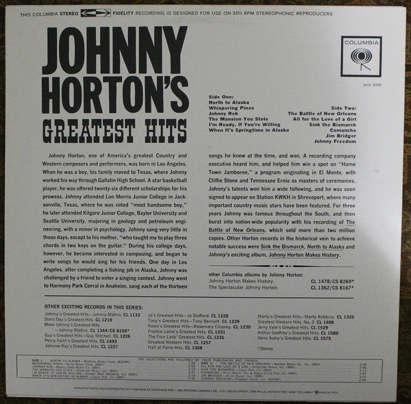 Johnny Horton : Johnny Horton's Greatest Hits (LP, Comp, RE)