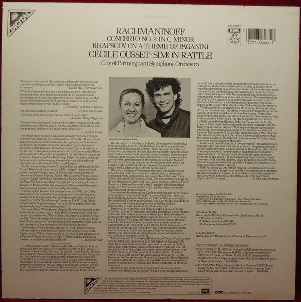 Cécile Ousset ◾ Simon Rattle* / City Of Birmingham Symphony Orchestra / Rachmaninoff* : Piano Concerto No.2 In C Minor / Rhapsody On A Theme Of Paganini (LP)