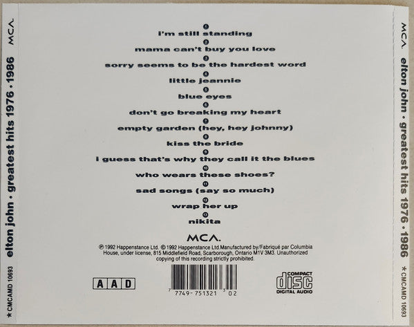 Elton John : Greatest Hits 1976-1986 (CD, Comp, Club)
