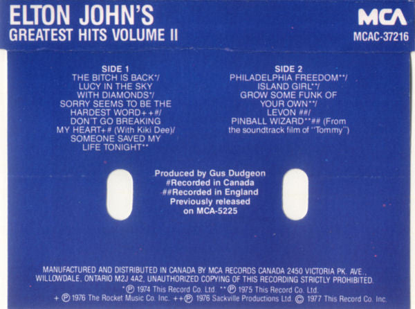 Elton John : Elton John's Greatest Hits Volume II (Cass, Comp, RE, ►'s)