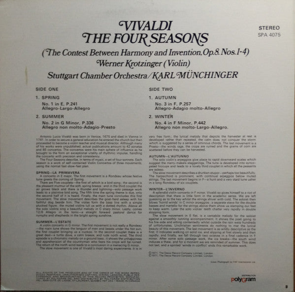 Vivaldi* / Werner Krotzinger, Stuttgart Chamber Orchestra*, Karl Münchinger : The Four Seasons (LP, Album, RE)