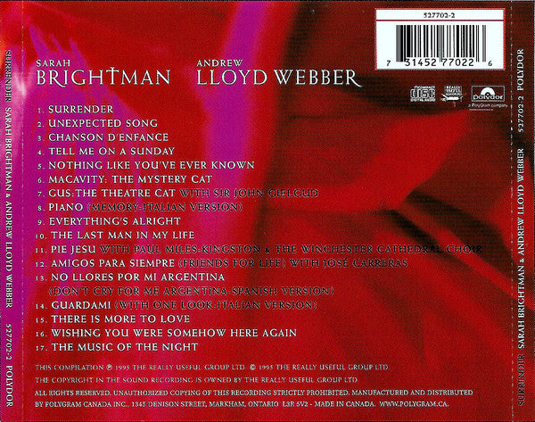 Sarah Brightman & Andrew Lloyd Webber : Surrender: The Unexpected Songs (CD, Comp)