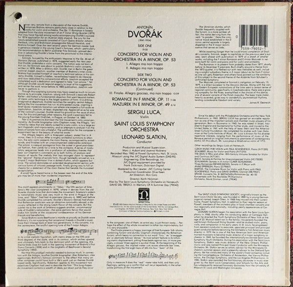 Saint Louis Symphony Orchestra, Antonín Dvořák, Sergiu Luca, Leonard Slatkin : Violin Concerto / Romance in F Minor / Mazurek in E Minor (LP, Album)