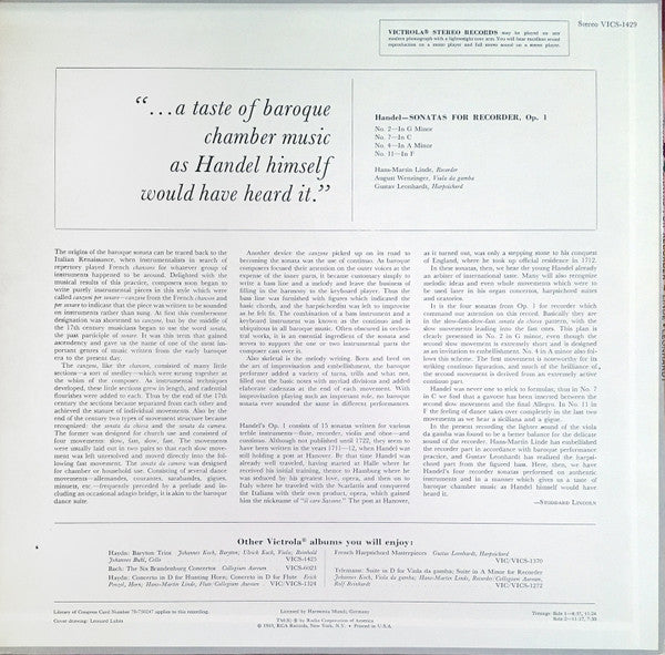 Handel*, Hans-Martin Linde, Gustav Leonhardt : Sonatas for Recorder, Op. 1 (LP)