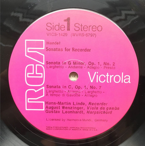 Handel*, Hans-Martin Linde, Gustav Leonhardt : Sonatas for Recorder, Op. 1 (LP)