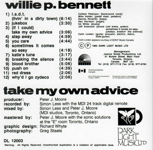 Willie P. Bennett : Take My Own Advice (CD, Album)