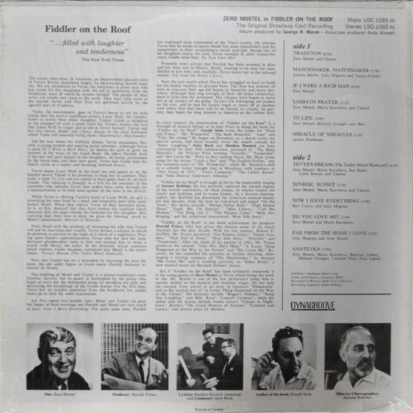 Original Broadway Cast*, Jerry Bock : Zero Mostel In Fiddler On The Roof (The Original Broadway Cast Recording) (LP, Album, RE)