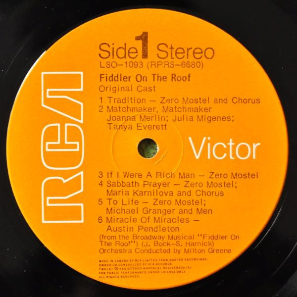 Original Broadway Cast*, Jerry Bock : Zero Mostel In Fiddler On The Roof (The Original Broadway Cast Recording) (LP, Album, RE)