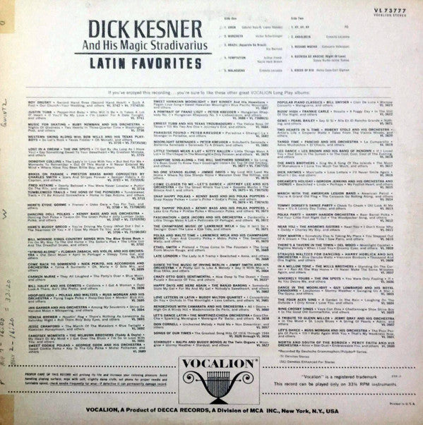 Dick Kesner, His Magic Stradivarius And Orchestra : Latin Favorites (LP, Album)