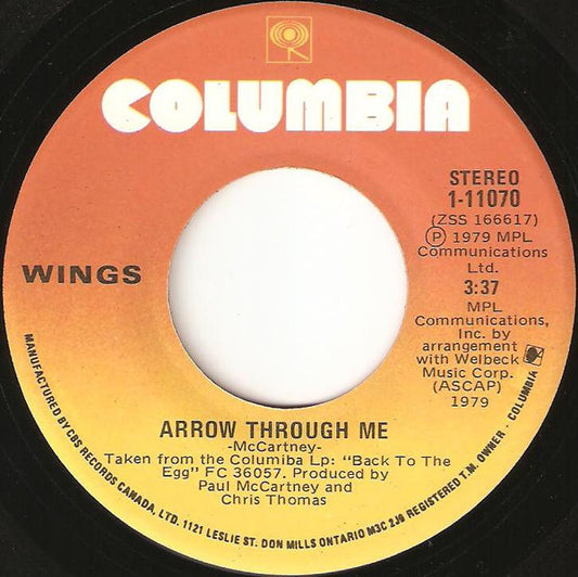 Wings (2) : Arrow Through Me (7", Single)