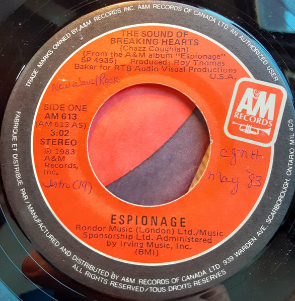Espionage (4) : The Sound Of Breaking Hearts (7", Single)