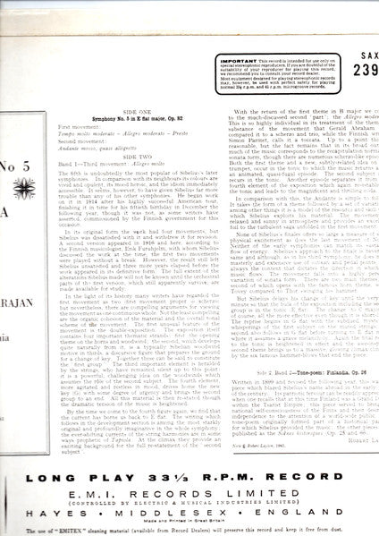 Jean Sibelius - Herbert von Karajan, Philharmonia Orchestra : Symphony No. 5 In E Flat Major Op. 82 / Finlandia (LP)