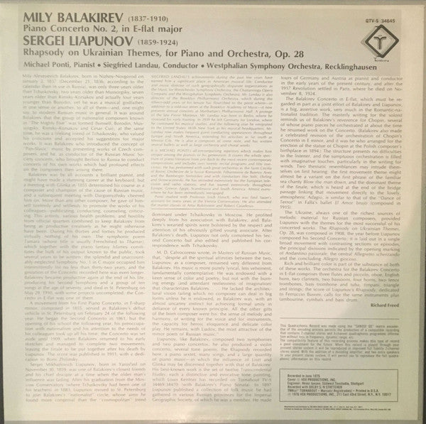 Mily Balakirev, Sergei Lyapunov, Michael Ponti : Piano Concerto In E-Flat / Rhapsody On Themes From The Ukraine For Piano & Orchestra (LP, Album, Quad)