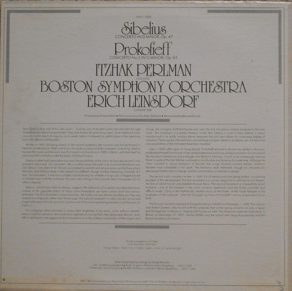 Itzhak Perlman, Jean Sibelius, Sergei Prokofiev, Erich Leinsdorf, Boston Symphony Orchestra : Sibelius Violin Concerto / Prokofieff Violin Concerto No. 2 (LP, RE, RM)