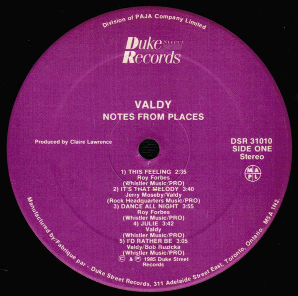 Valdy : Notes From Places (LP, Album)