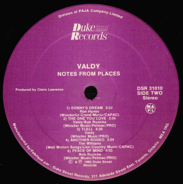 Valdy : Notes From Places (LP, Album)