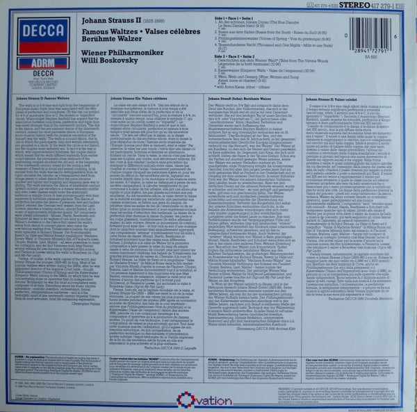 Johann Strauss Jr., Wiener Philharmoniker, Willi Boskovsky : Famous Waltzes = Valses Célèbres = Berühmte Walzer (LP, Album, RM)