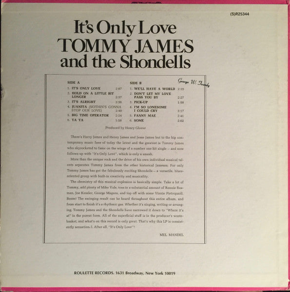 Tommy James & The Shondells : It's Only Love (LP, Album, Mono)
