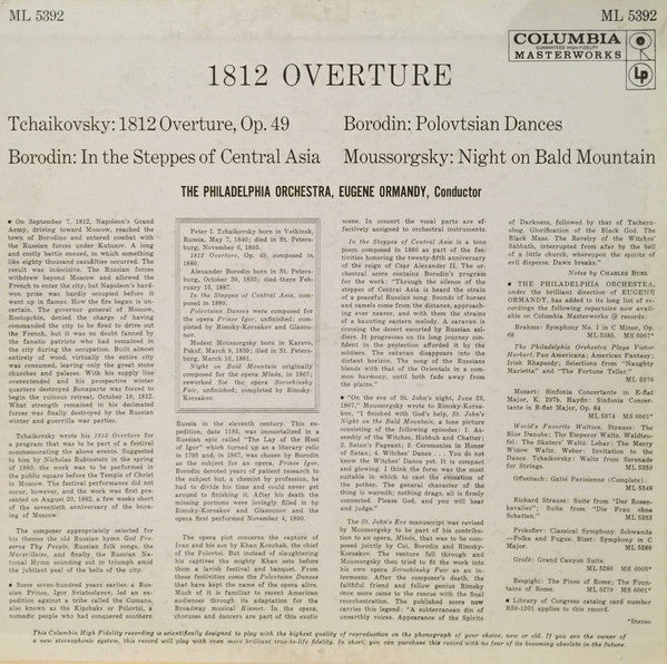 The Philadelphia Orchestra, Eugene Ormandy / Pyotr Ilyich Tchaikovsky, Alexander Borodin, Modest Mussorgsky : 1812 Overture (LP, Album, Mono)