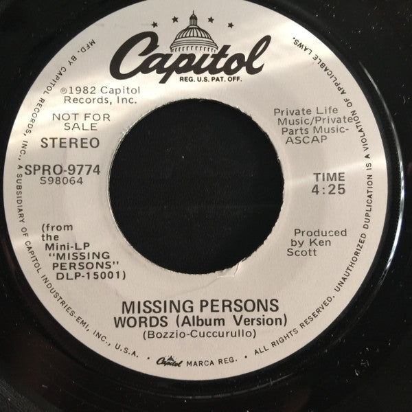 Missing Persons : Words (7", Promo)