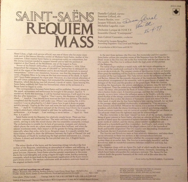 Camille Saint-Saëns, Jean-Gabriel Gaussens, Orchestre Lyrique De L'ORTF : Requiem Mass, Op. 54 (LP)