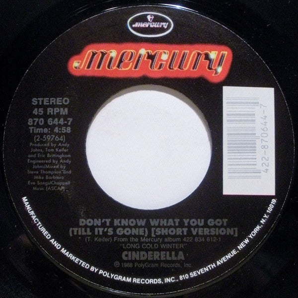 Cinderella (3) : Don't Know What You Got (Till It's Gone) (7", Single, Car)