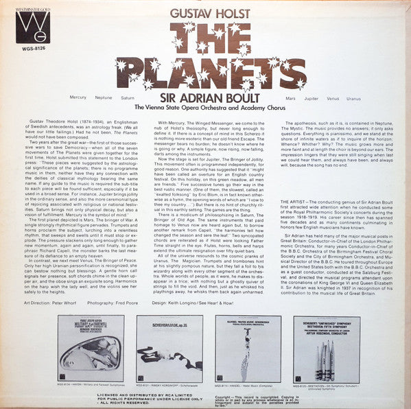 Gustav Holst, Sir Adrian Boult, Orchester Der Wiener Staatsoper And Wiener Akademie Kammerchor : The Planets (LP)