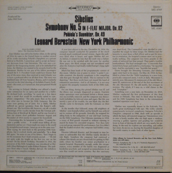 Jean Sibelius, Leonard Bernstein, New York Philharmonic : Symphony No. 5 / Pohjola's Daughter (LP, Album, RP)