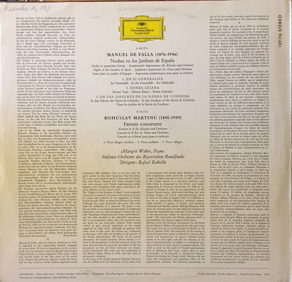 De Falla* / Martinu*, Rafael Kubelik, Bavarian Radio Symphony*, Margrit Weber : Nights In The Gardens Of Spain / Fantasia Concertante (LP)