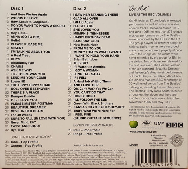 The Beatles : On Air - Live At The BBC Volume 2 (2xCD, Album, Mono, RM)