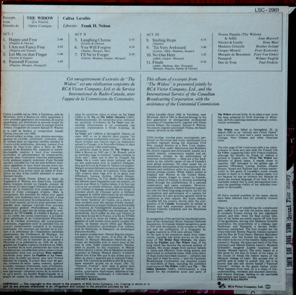 Calixa Lavallée, CBC Winnipeg Chorus And Orchestra : Excerpts From The Widow (La Veuve) (LP)