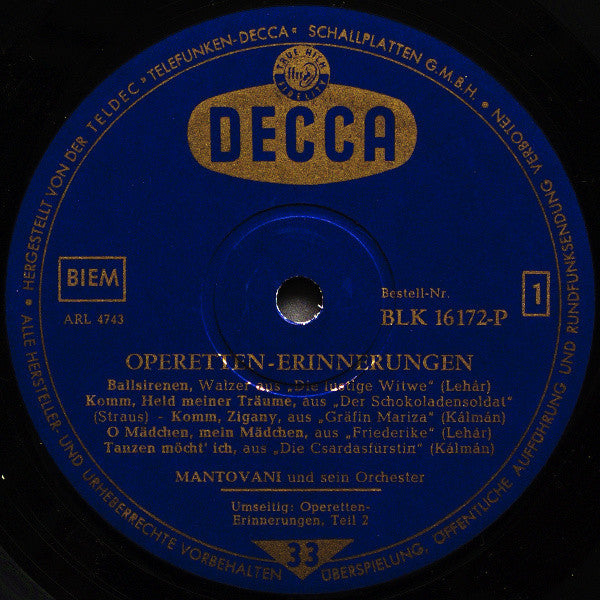 Mantovani And His Orchestra : Operetten-Erinnerungen (LP, Album, Mono)